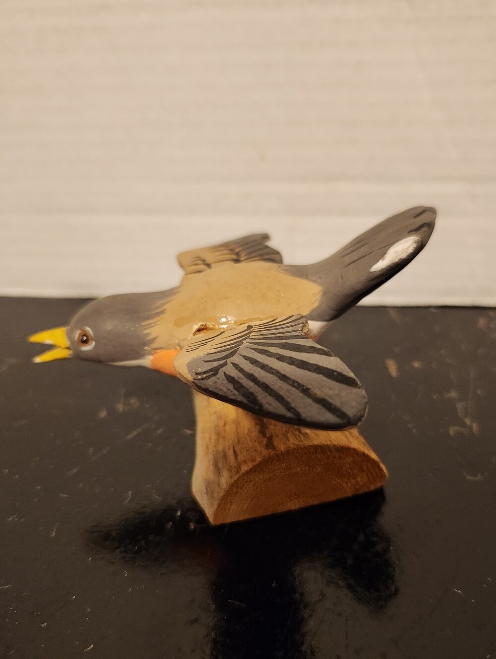 Hand Carved Hand Painted Wooden Robin Bird Figurine on Wood Base